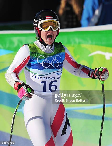 Elisabeth Goergl of Austria reacts after competing in the women's alpine skiing Super-G on day nine of the Vancouver 2010 Winter Olympics at Whistler...