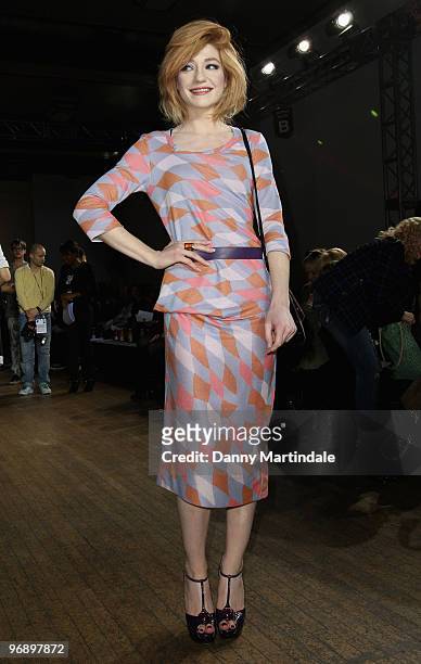 Nicola Roberts poses on the front row at the House Of Holland show for London Fashion Week Autumn/Winter 2010 at Bloomsbury Ballroom on February 20,...
