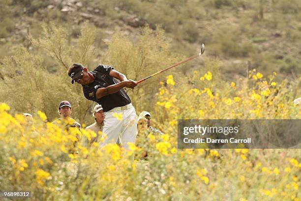 Thongchai Jaidee of Thailand tees off on the 16th tee box during round four of the Accenture Match Play Championship at the Ritz-Carlton Golf Club on...