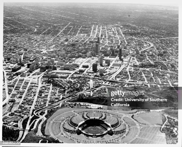 Aerial view of Dodger Stadium, downtown Los Angeles looking south from the stadium, Los Angeles, California, early to mid twentieth century.