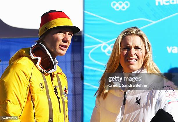 Maria Riesch of Germany talks with Lindsey Vonn of the United States during the women's alpine skiing Super-G on day nine of the Vancouver 2010...