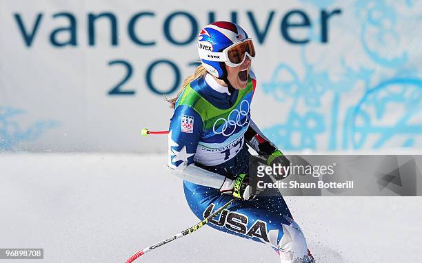 Lindsey Vonn of the United States reacts after competing in the women's alpine skiing Super-G on day nine of the Vancouver 2010 Winter Olympics at...