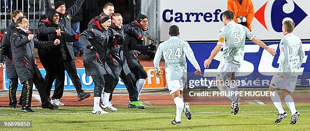 Le Mans defender Gregory Cerdan celebrates after scoring a goal during the French match Boulogne-sur-Mer /Le Mans, on Februrary 20 2010, at...