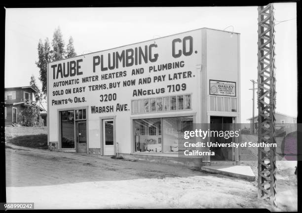 Photograph of Taube Plumbing shop, 3200 Wabash Avenue, Los Angeles, California, 1928.