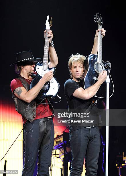Exclusive* Richie Sambora and Jon Bon Jovi perform at Key Arena on February 19, 2010 in Seattle, Washington.