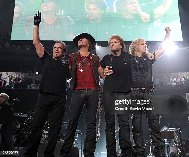 Exclusive* Tico Torres, Richie Sambora, Jon Bon Jovi and David Bryan of Bon Jovi perform at Key Arena on February 19, 2010 in Seattle, Washington.