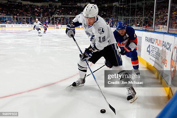 Stephane Veilleux of the Tampa Bay Lightning skates against the New York Islanders on February 13, 2010 at Nassau Coliseum in Uniondale, New York....