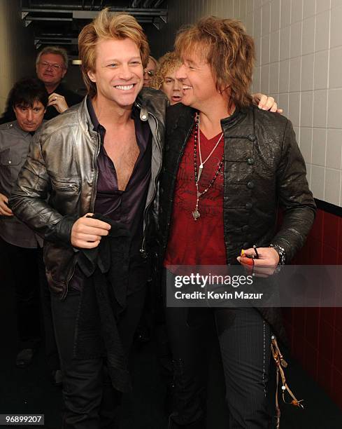 Exclusive* Jon Bon Jovi and Richie Sambora backstage at Key Arena on February 19, 2010 in Seattle, Washington.