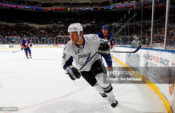 Ryan Malone of the Tampa Bay Lightning skates against the New York Islanders on February 13, 2010 at Nassau Coliseum in Uniondale, New York. The...