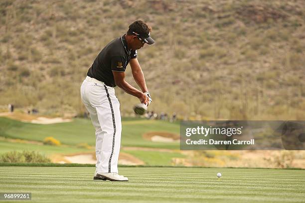 Thongchai Jaidee of Thailand plays a shot on the 15th tee box during round four of the Accenture Match Play Championship at the Ritz-Carlton Golf...