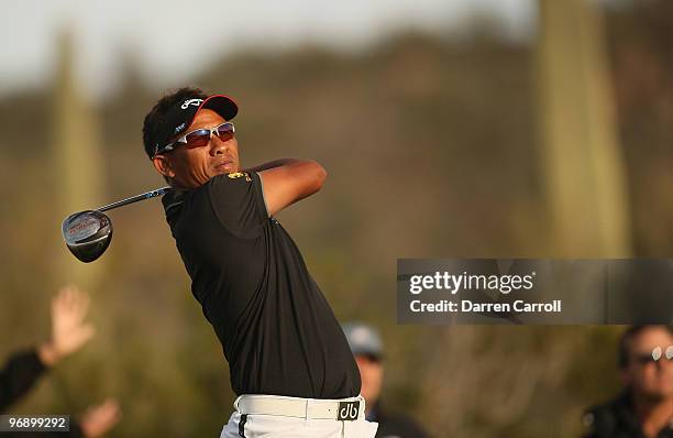 Thongchai Jaidee of Thailand tees off on the seventh tee box during round four of the Accenture Match Play Championship at the Ritz-Carlton Golf Club...