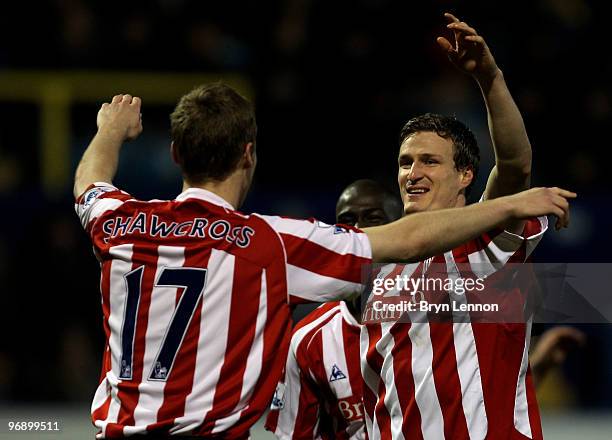 Robert Huth of Stoke City celebrates scoring during the Barclays Premier League match between Portsmouth and Stoke City at Fratton Park on February...