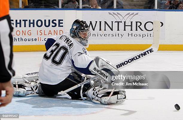 Antero Niittymaki of the Tampa Bay Lightning skates against the New York Islanders on February 13, 2010 at Nassau Coliseum in Uniondale, New York....