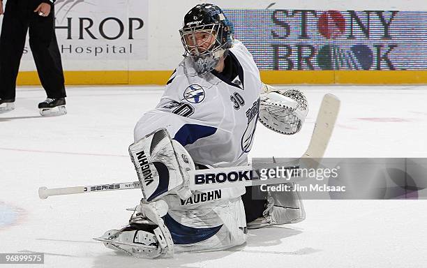 Antero Niittymaki of the Tampa Bay Lightning skates against the New York Islanders on February 13, 2010 at Nassau Coliseum in Uniondale, New York....