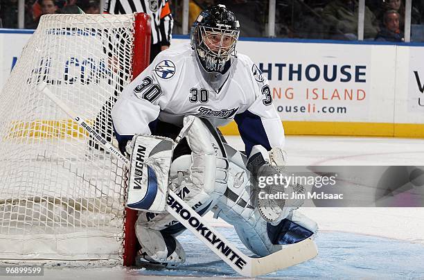 Antero Niittymaki of the Tampa Bay Lightning skates against the New York Islanders on February 13, 2010 at Nassau Coliseum in Uniondale, New York....