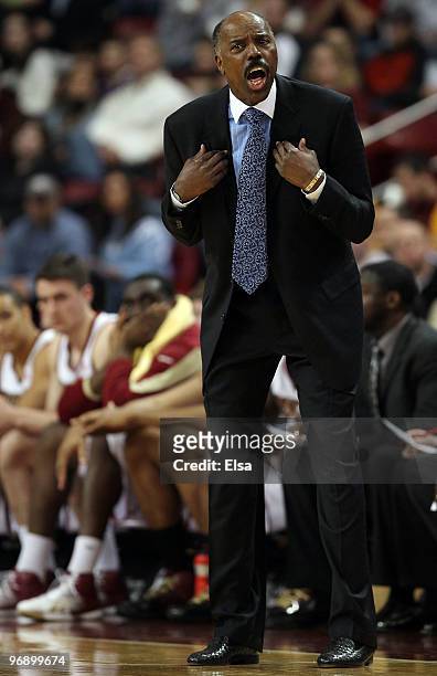 Head coach Al Skinner of the Boston College Eagles reacts to a call against one of his players in the second half against the North Carolina Tar...