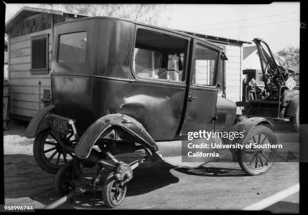 Photograph of wrecked automobile at Clara Street and Atlantic Avenue, Cudahy, California, 1929.