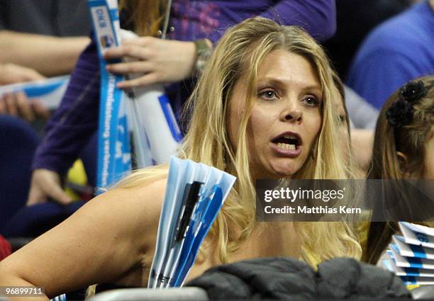 Actress Anne-Sophie Briest watches the match during the Beko Basketball Bundesliga match between Alba Berlin and Telekom Baskets Bonn at O2 World...