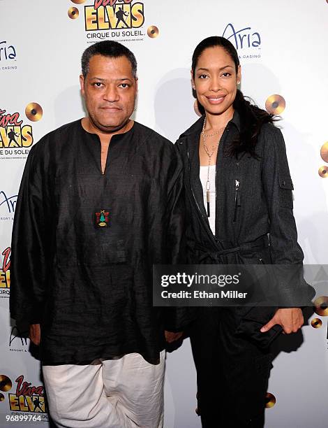 Actor Laurence Fishburne and his wife, actress Gina Torres, arrive at the world premiere of Cirque du Soleil's "Viva ELVIS" production at the Aria...