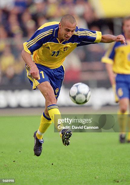 Henrik Larsson of Sweden in action during the FIFA 2002 World Cup Qualifier against Slovakia played at the Rasunda Stadion in Stockholm, Sweden....
