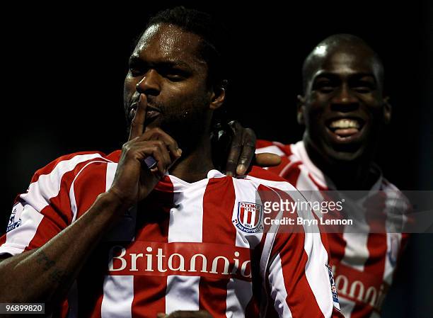 Salif Diao of Stoke City celebrates scoring the winning goal during the Barclays Premier League match between Portsmouth and Stoke City at Fratton...
