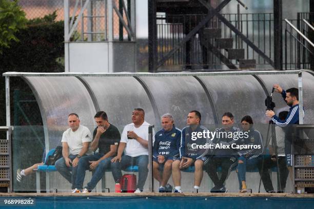 President of Argentinian Football Association Claudio Tapia watches a training session as part of the team preparation for FIFA World Cup Russia 2018...