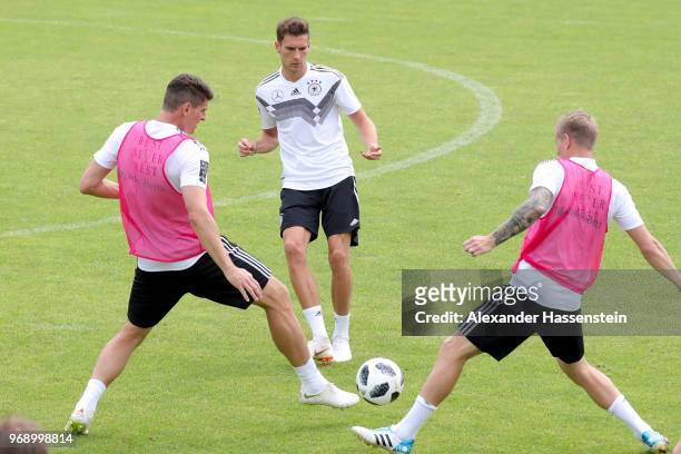 Leon Goretzka battles for the ball during a training session of the German national team at Sportanlage Rungg on day sixteen of the Southern Tyrol...