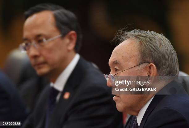 Kazakhstan's President Nursultan Nazarbayev speaks during a meeting with Chinese President Xi Jinping in the Great Hall of the People in Beijing on...