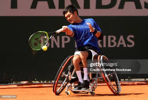 Shingo Kunieda of Japan competes in the mens singles wheelchair first round match against Stefan Olsson of Sweden during day twelve of the 2018...