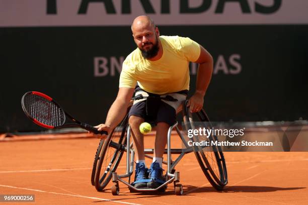 Stefan Olsson Sweden competes in the mens singles wheelchair first round match against Shingo Kunieda of Japan during day twelve of the 2018 French...