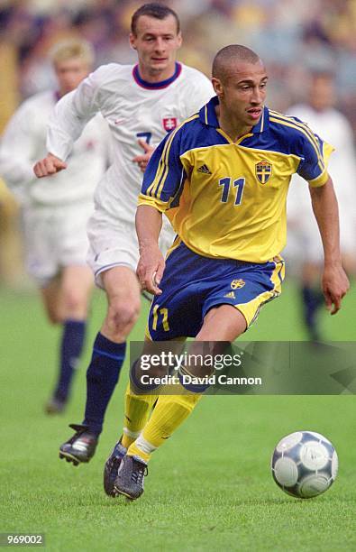 Henrik Larsson of Sweden on the ball during the FIFA 2002 World Cup Qualifier against Slovakia played at the Rasunda Stadion in Stockholm, Sweden....