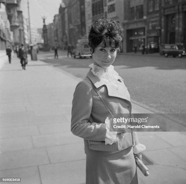 British actress Carole Ann Ford on the Strand outside the Royal Courts of Justice, London, UK, 18th April 1967.