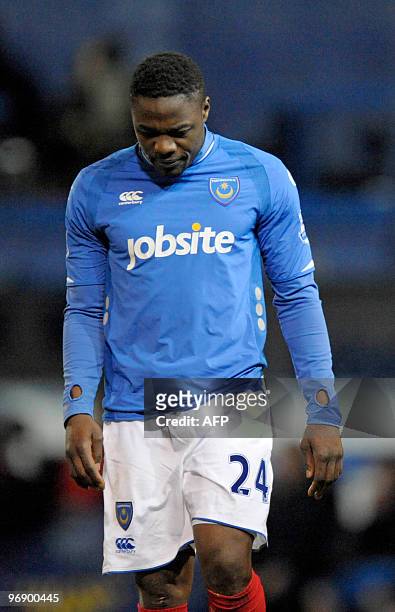 Portsmouth's Ivorian striker Aruna Dindane reacts during the English Premier League football match between Portsmouth and Stoke City at Fratton Park...