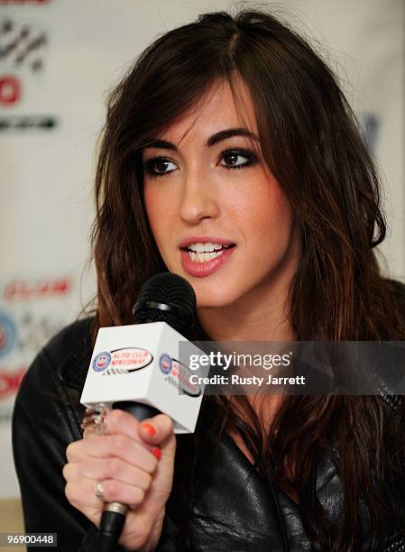 Actress/Singer Kate Voegel speak to the media during practice for the NASCAR Sprint Cup Series Auto Club 500 at Auto Club Speedway on February 20,...
