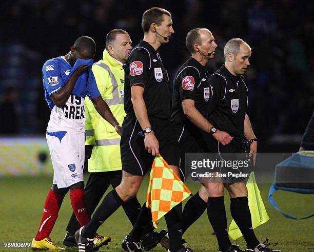 Quincy Owusu-Abeyie of Portsmouth dejected after the Barclays Premier League match between Portsmouth and Sunderland at Fratton Park on February 20,...