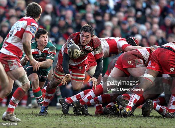 Gareth Delve of Gloucester passes the ball during the Guinness Premiership match between Leicester Tigers and Gloucester at Welford Road on February...