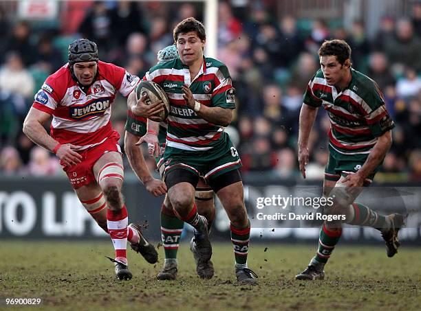 Ben Youngs of Leicester makes a break during the Guinness Premiership match between Leicester Tigers and Gloucester at Welford Road on February 20,...