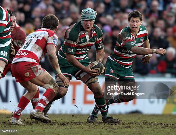 Jordan Crane of Leicester runs with the ball during the Guinness Premiership match between Leicester Tigers and Gloucester at Welford Road on...