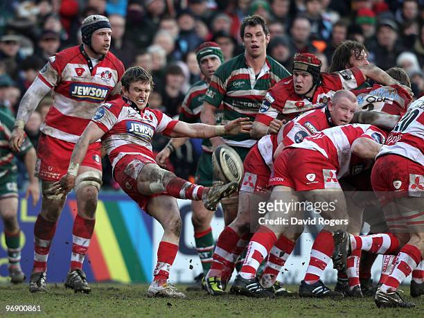Rory Lawson of Gloucester kicks the ball upfield during the Guinness Premiership match between Leicester Tigers and Gloucester at Welford Road on...