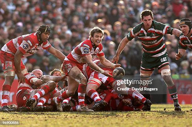 Rory Lawson of Gloucester passes the ball during the Guinness Premiership match between Leicester Tigers and Gloucester at Welford Road on February...