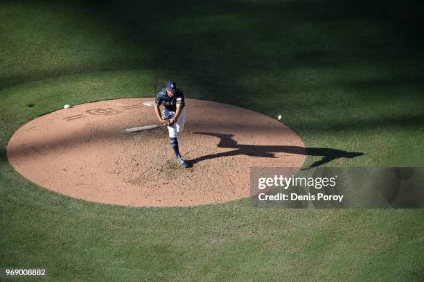 Brad Hand of the San Diego Padres pitches during a baseball game against the Cincinnati Reds at PETCO Park on June 3, 2018 in San Diego, California.