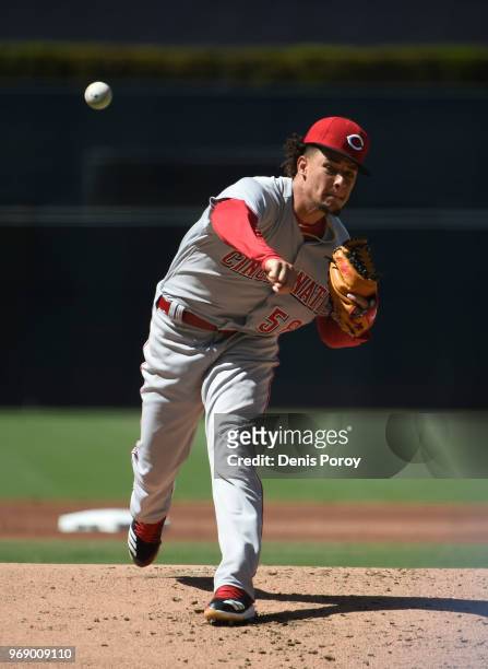 Luis Castillo of the Cincinnati Reds pitches during the first inning of a baseball game against the San Diego Padres at PETCO Park on June 3, 2018 in...
