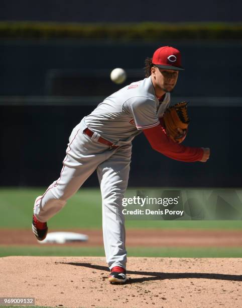 Luis Castillo of the Cincinnati Reds pitches during the first inning of a baseball game against the San Diego Padres at PETCO Park on June 3, 2018 in...