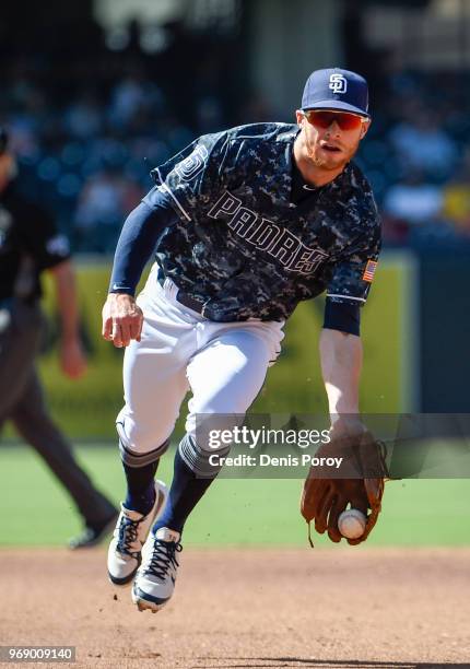 Cory Spangenberg of the San Diego Padres plays during a baseball game against the Cincinnati Reds at PETCO Park on June 3, 2018 in San Diego,...