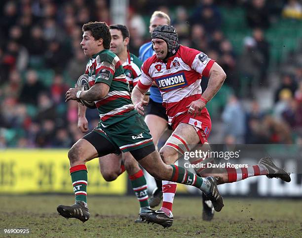 Ben Youngs of Leicester makes a break during the Guinness Premiership match between Leicester Tigers and Gloucester at Welford Road on February 20,...