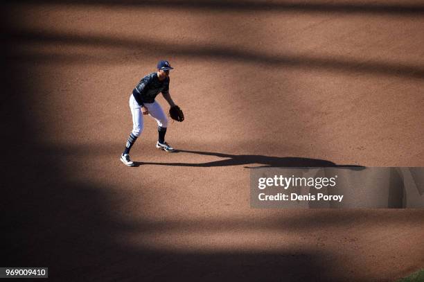Cory Spangenberg of the San Diego Padres plays during a baseball game against the Cincinnati Reds at PETCO Park on June 3, 2018 in San Diego,...