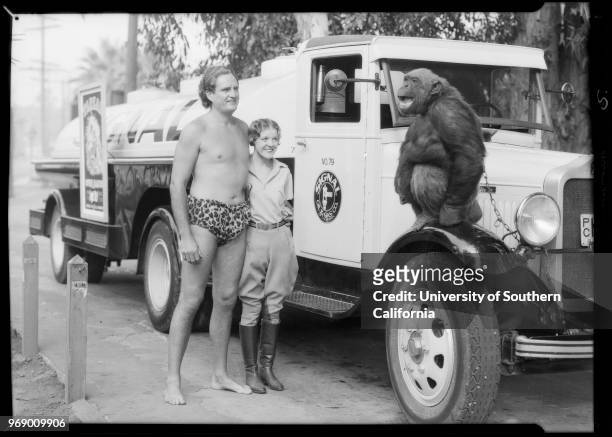 Ape, woman, and Tarzan, Southern California, 1932.