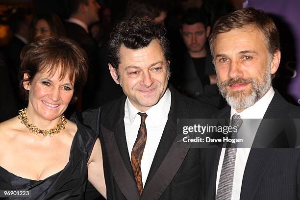 Lorraine Ashbourne, Andy Serkis and Christoph Waltz attend the the Orange British Academy Film Awards nominees party held at Aspreys on February 20,...