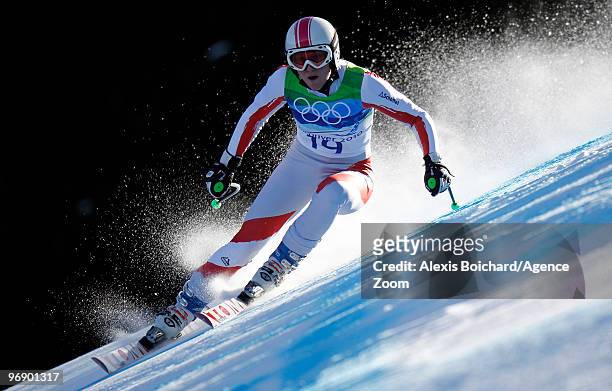 Andrea Fischbacher of Austria skis and wins the gold medal during the Women's Alpine Skiing Super-G on Day 9 of the 2010 Vancouver Winter Olympic...