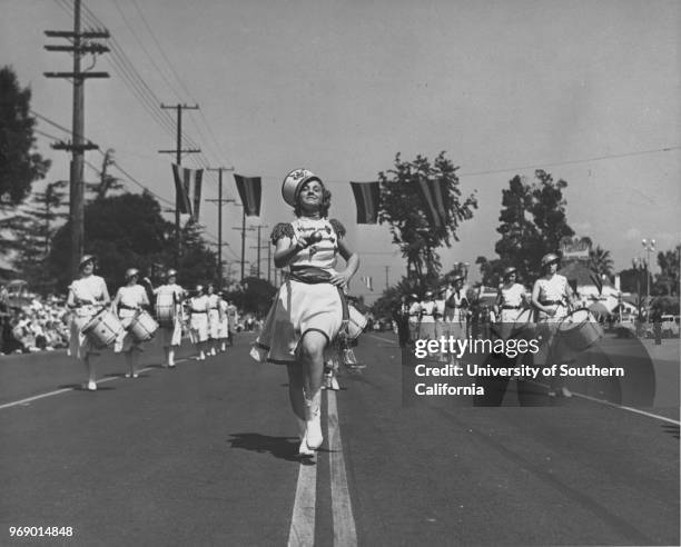 American Legion parade, female drum corps, drum majorette, Long Beach, California, early to mid twentieth century.